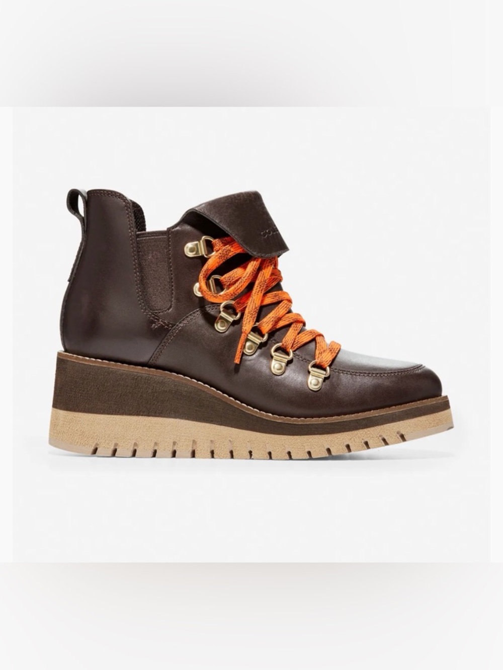 Cole Haan Grand Explore Brown Leather Lace-Up Platform Boot with Orange Laces